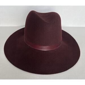 Janessa Leone Fedora Hat 100% Wool Burgandy Leather Band Size Medium
